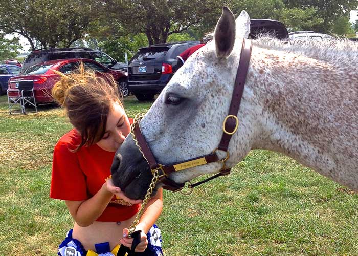 a person kissing a horses nose